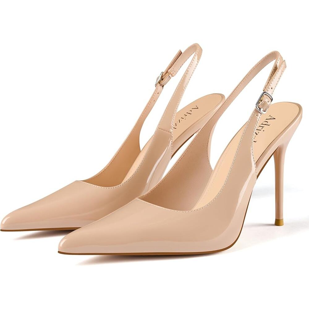 Adrizzlein Women Slingback Stiletto Heels Pointed Toe Patent Pumps